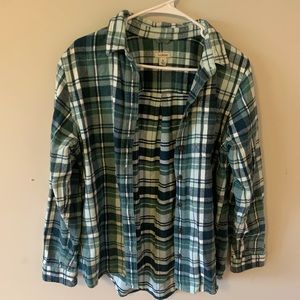 L L bean flannel green button down shirt